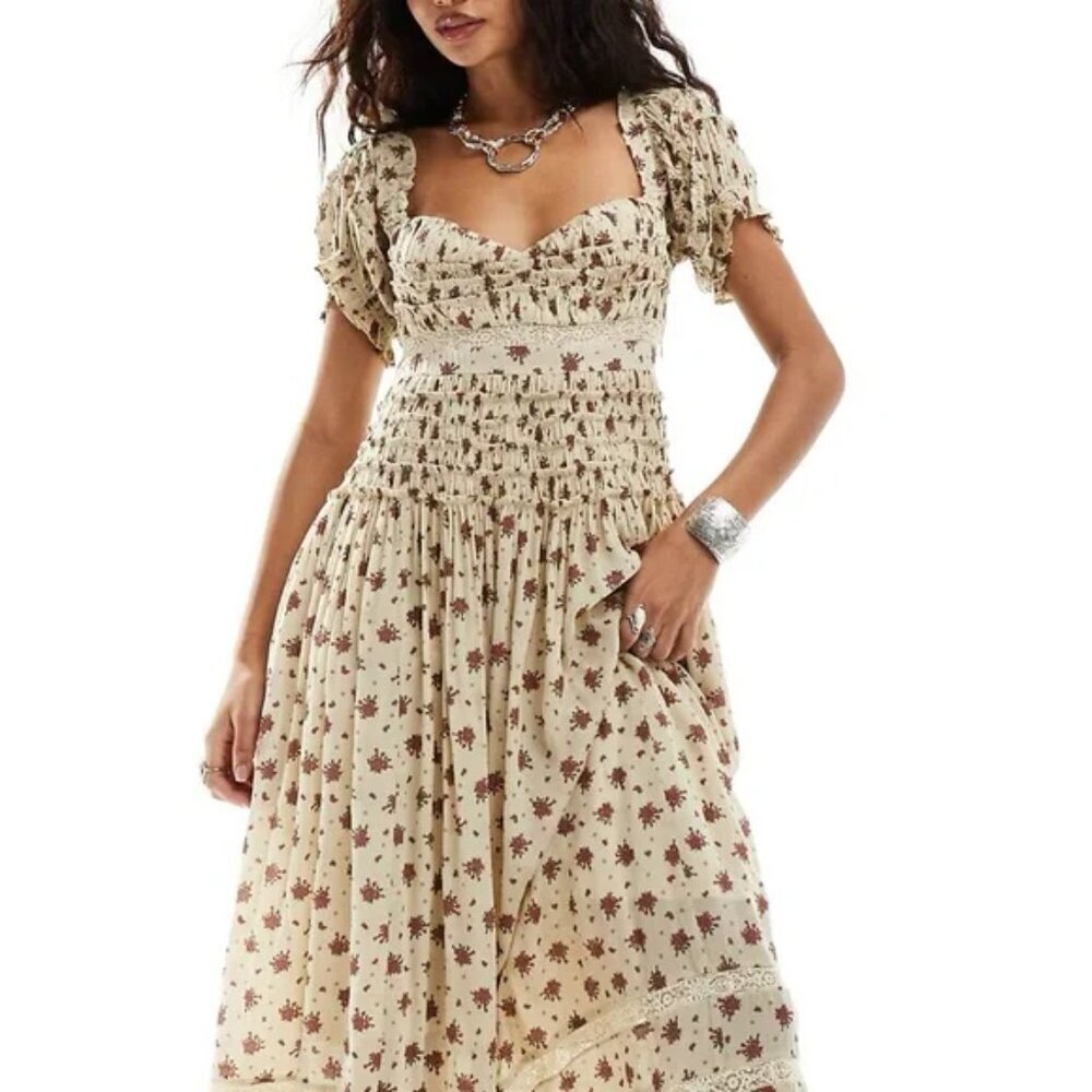 Free People Women's Bali Juniper Floral Print Ruffled Midi Dress Size 2 - Picture 3 of 11